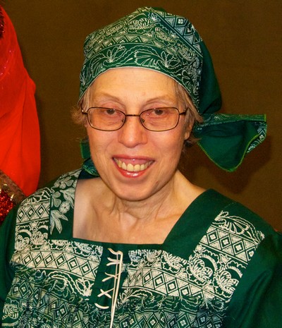 Harriet Bograd wearing a Cameroonian dress, a gift from the Beth Yeshourun community of Cameroon Photo by Viviane Topp, 2012