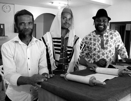 At the Bimah. Sar Habakkuk Nwafor, Moshe Natan Onyckwe of blessed memory, and Harim Obidike at the Igbo Israel Heritage Synagogue (Photo by Shai Afsai)